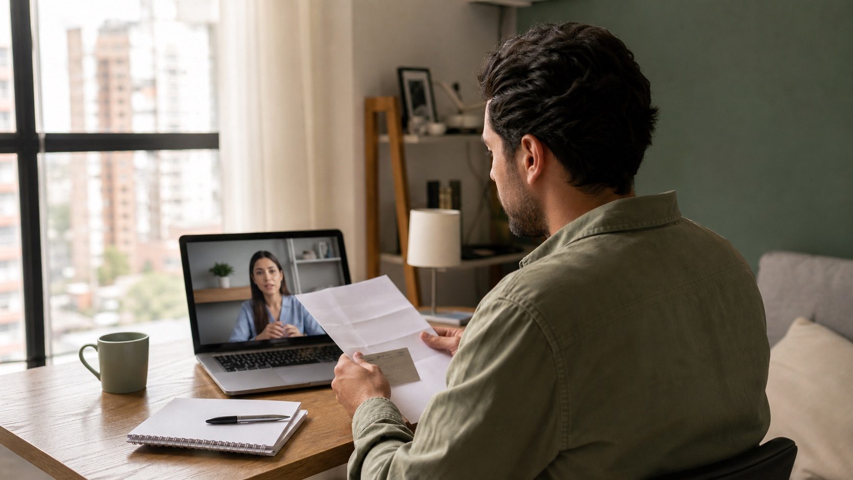 Persona en Bogotá preparando documentos para una consulta médica virtual
