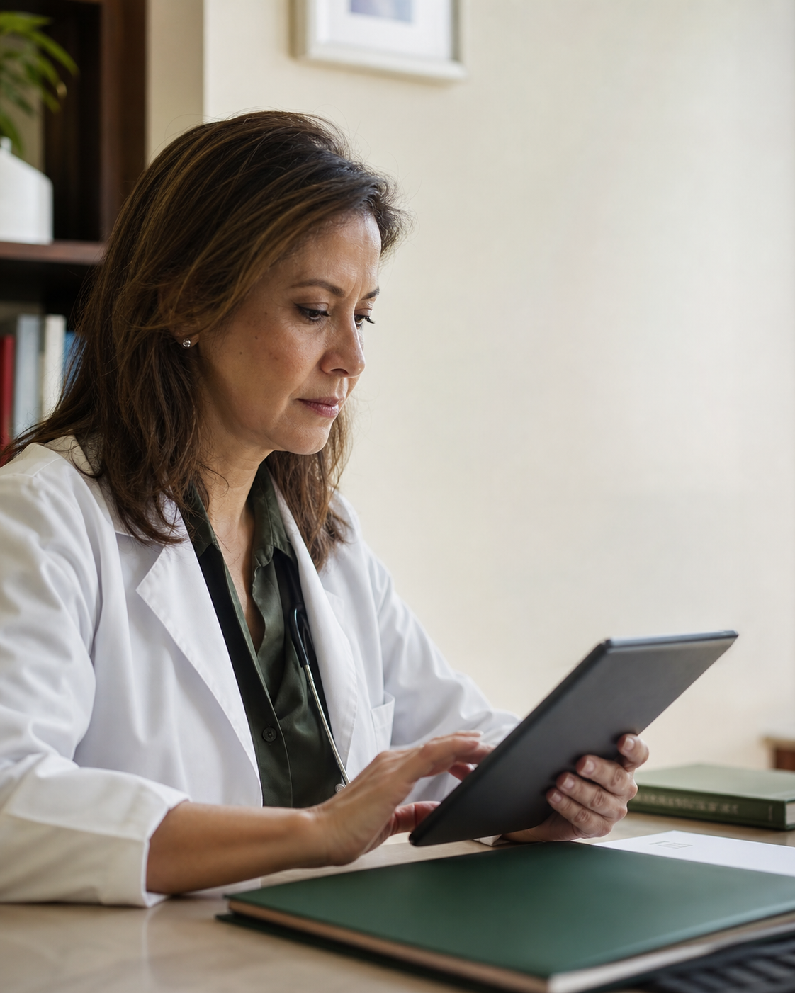 Médica revisando cuidadosamente la información de un caso